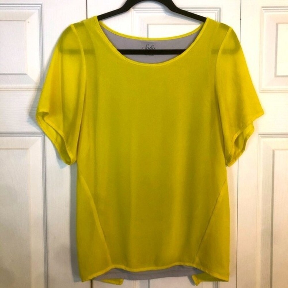 SOFIA VERGARA X-Small Yellow Gray Open Back Blouse Top Shirt Semi-Sheer Stone